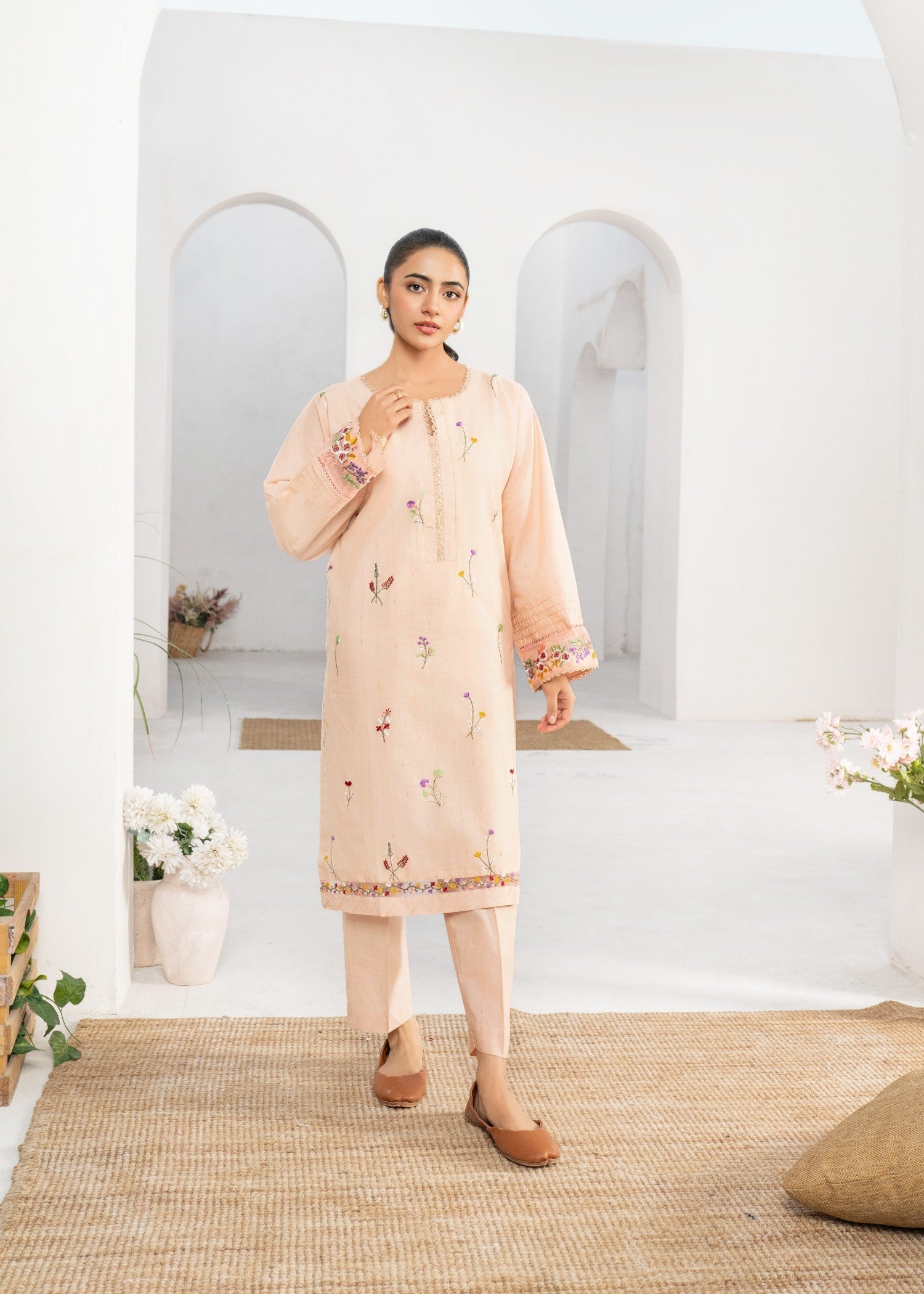 Dada Potta Stitched Peach Cambric Cotton Women 2pcs