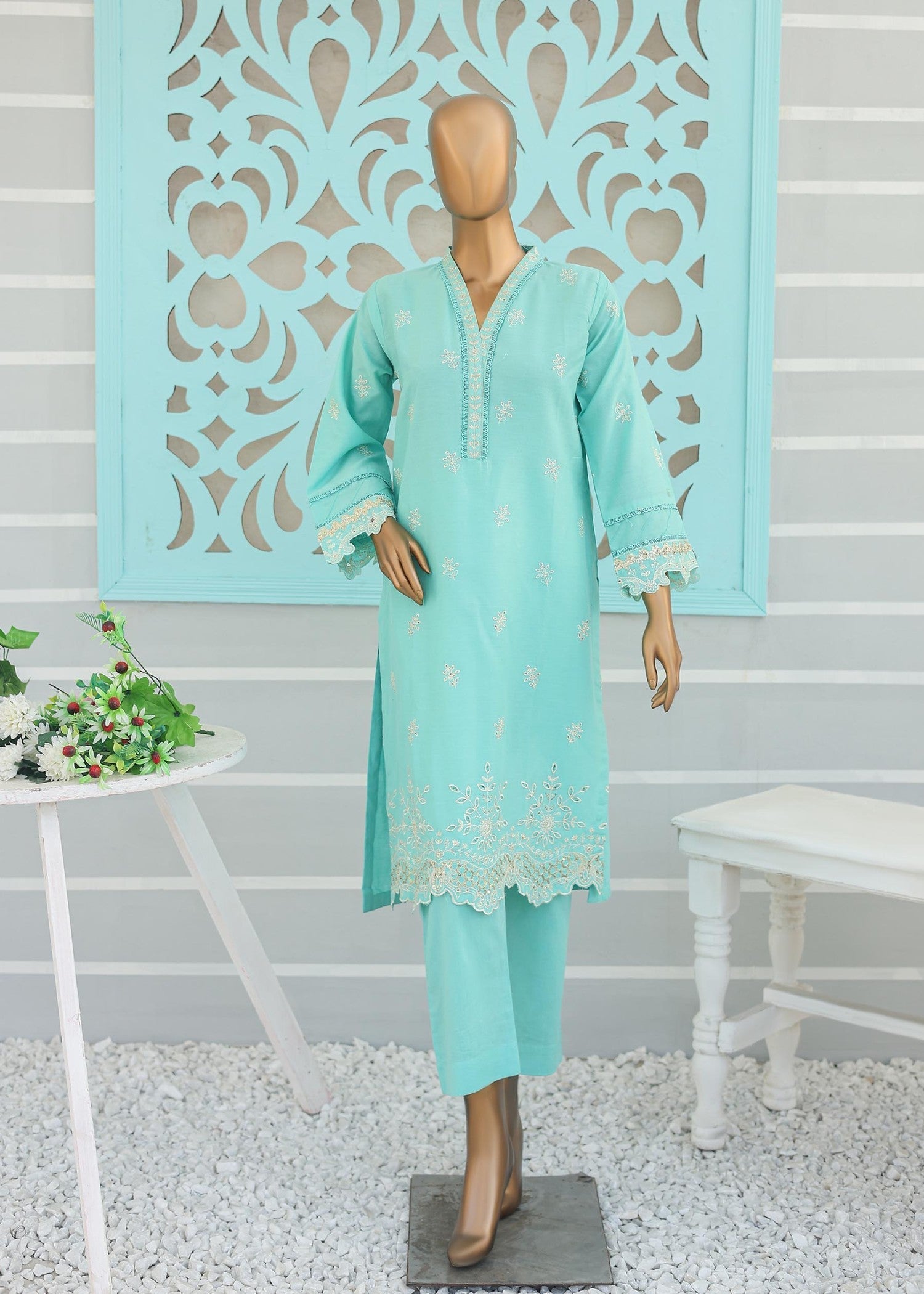 Suntex Fabrics CO ORDS Chikan Kaari TURQUISE Women 2pcs