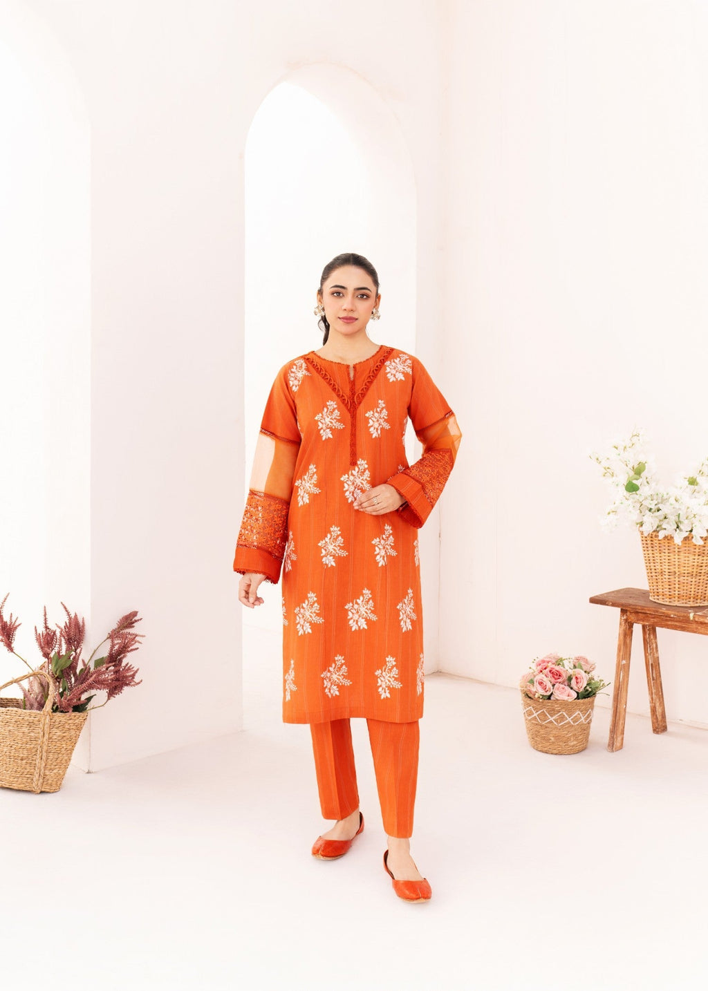 Dada Potta Stitched Orange Cambric Cotton Women 2pcs