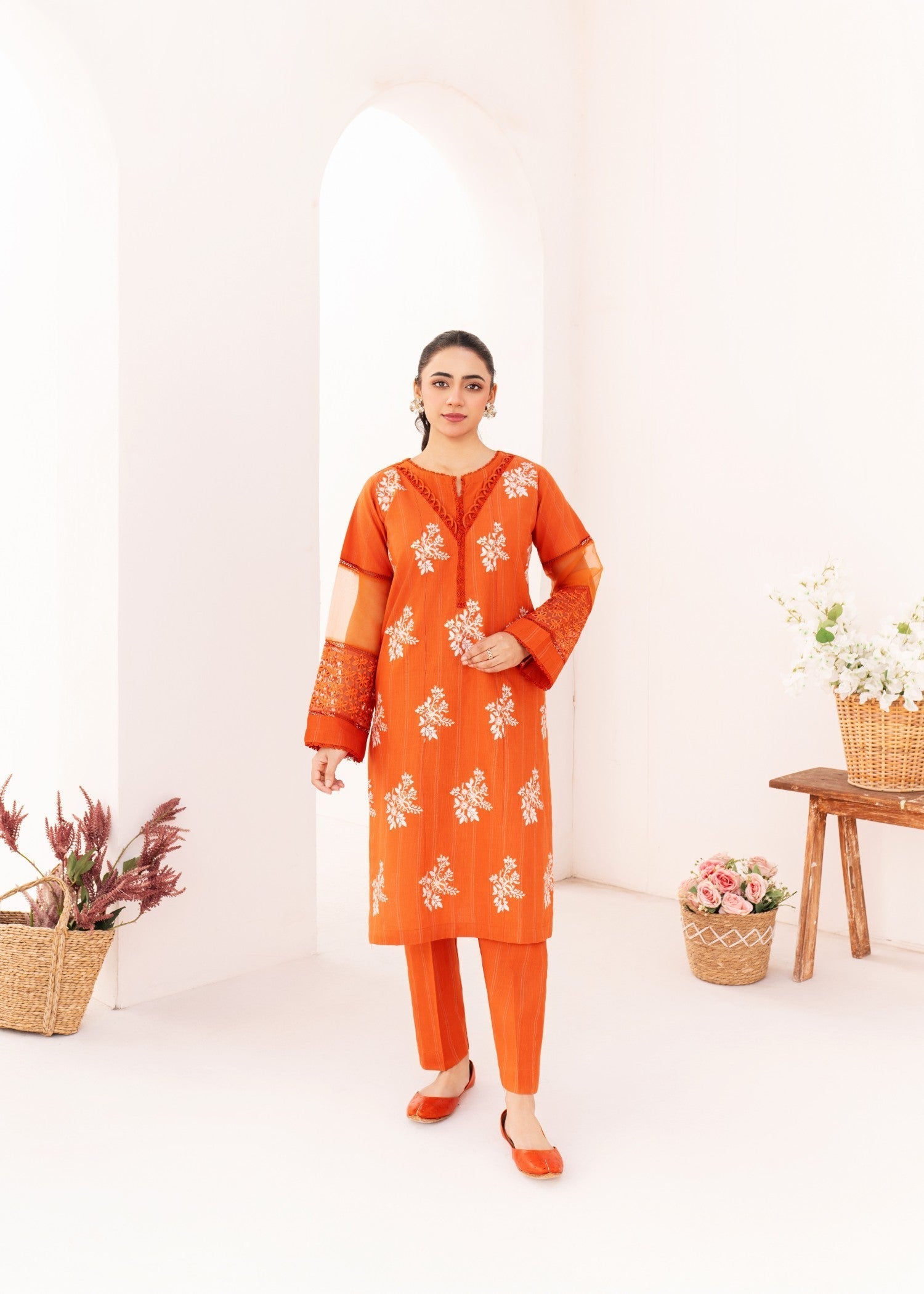 Dada Potta Stitched Orange Cambric Cotton Women 2pcs