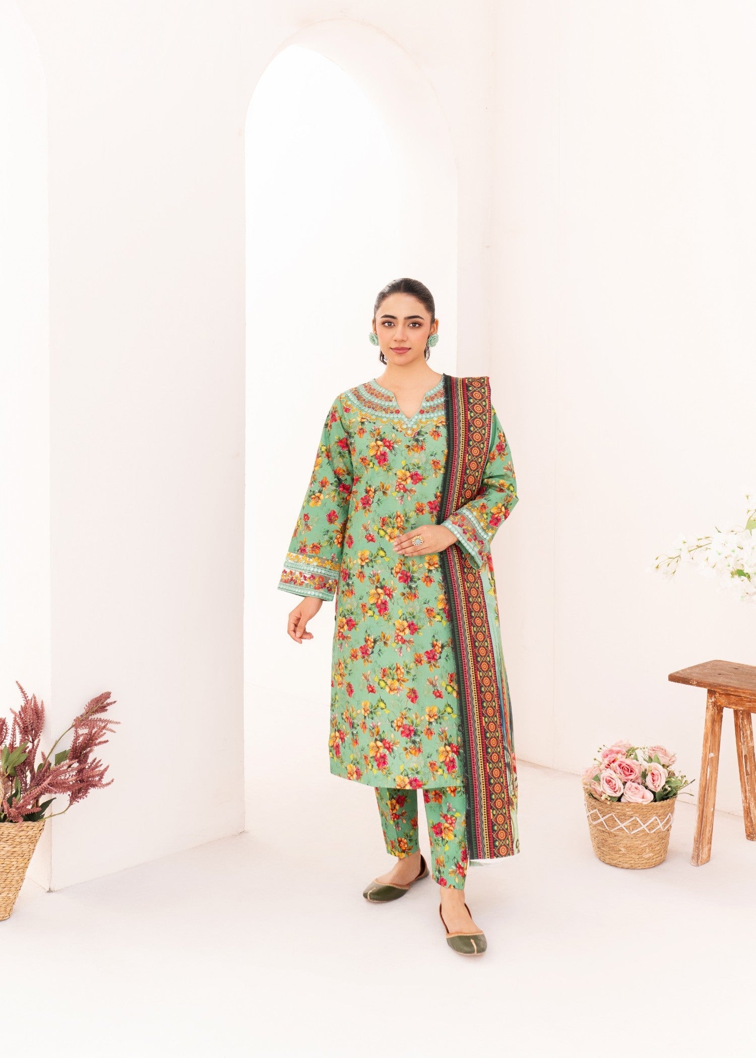 Dada Potta Stitched Sage Green Cambric Cotton Women 3pcs