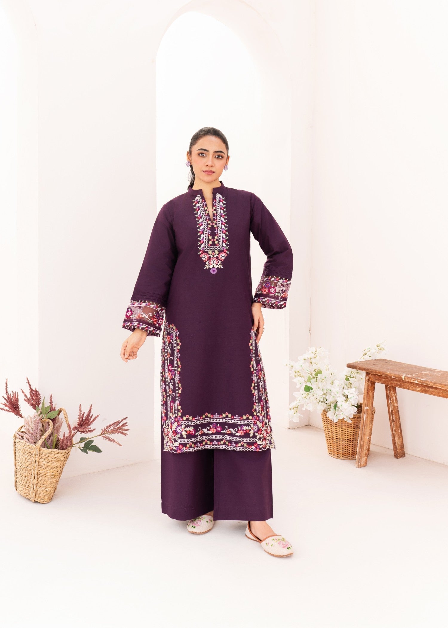 Dada Potta Stitched Purple Cambric Cotton Women 2pcs