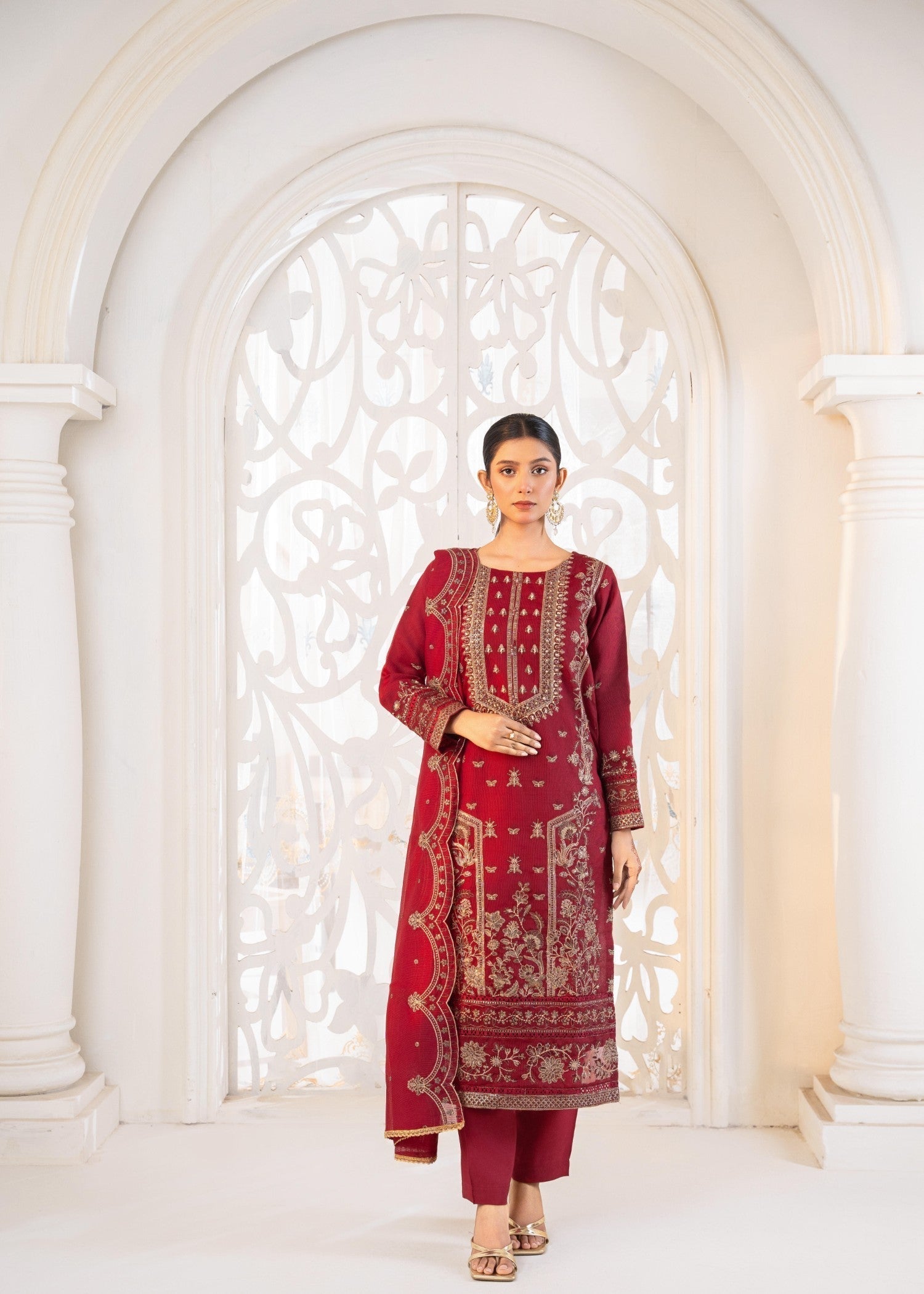Khubsurat 3339 KH OR NT Maroon Embroidery Pearl Emblishment Women 3pcs