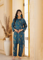 Hamna Kalim Rahat Two Piece: Linen Outfit with Floral Block Printing Women 2pcs