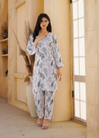 Hamna Kalim Rahat Two Piece: Linen Outfit with Floral Block Printing White Women 2pcs