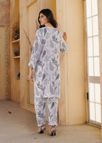 Hamna Kalim Rahat Two Piece: Linen Outfit with Floral Block Printing White Women 2pcs