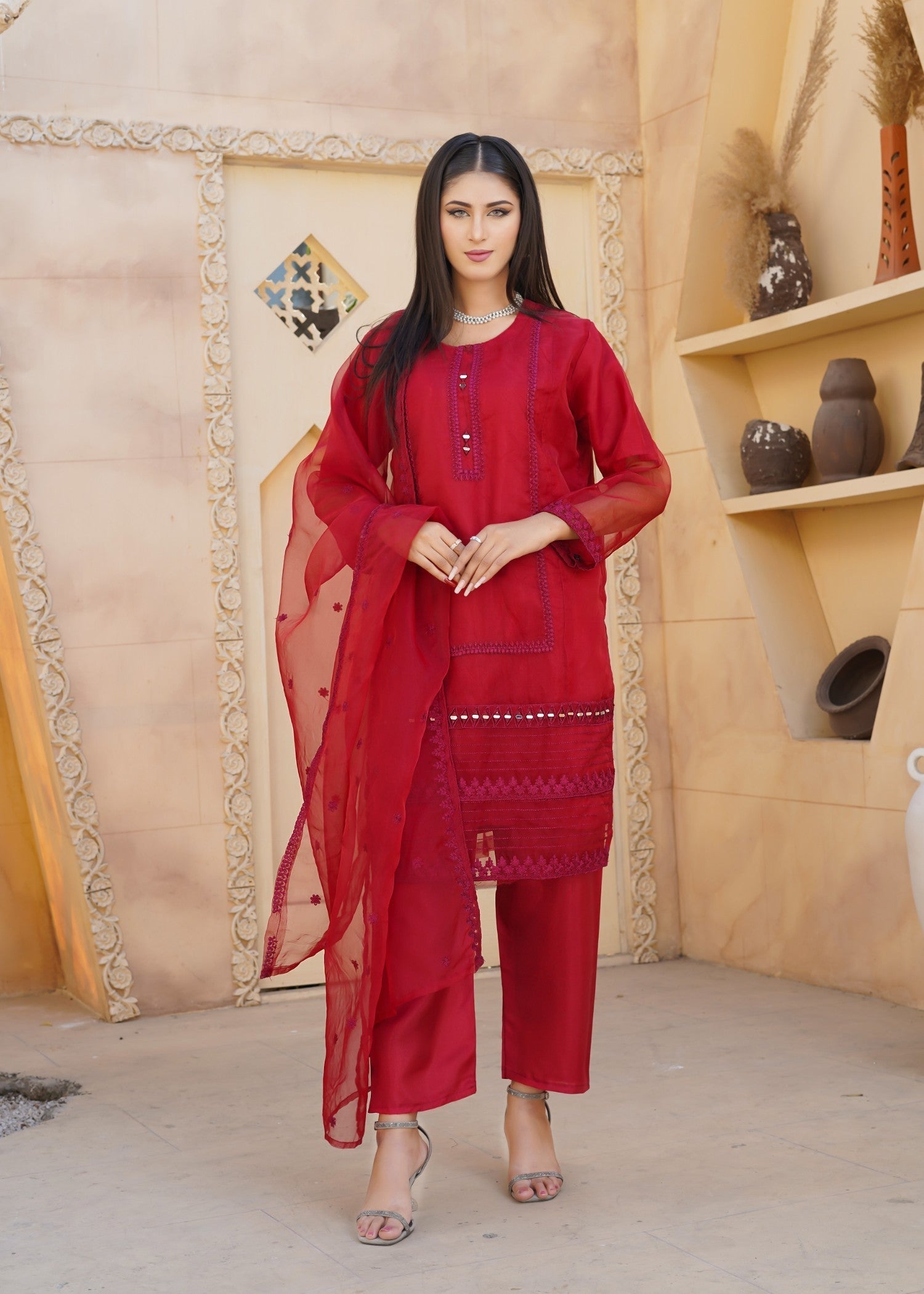 Hamna Kalim Dilruba Three Piece Bridal Suit with Embroidery Maroon Women 3pcs