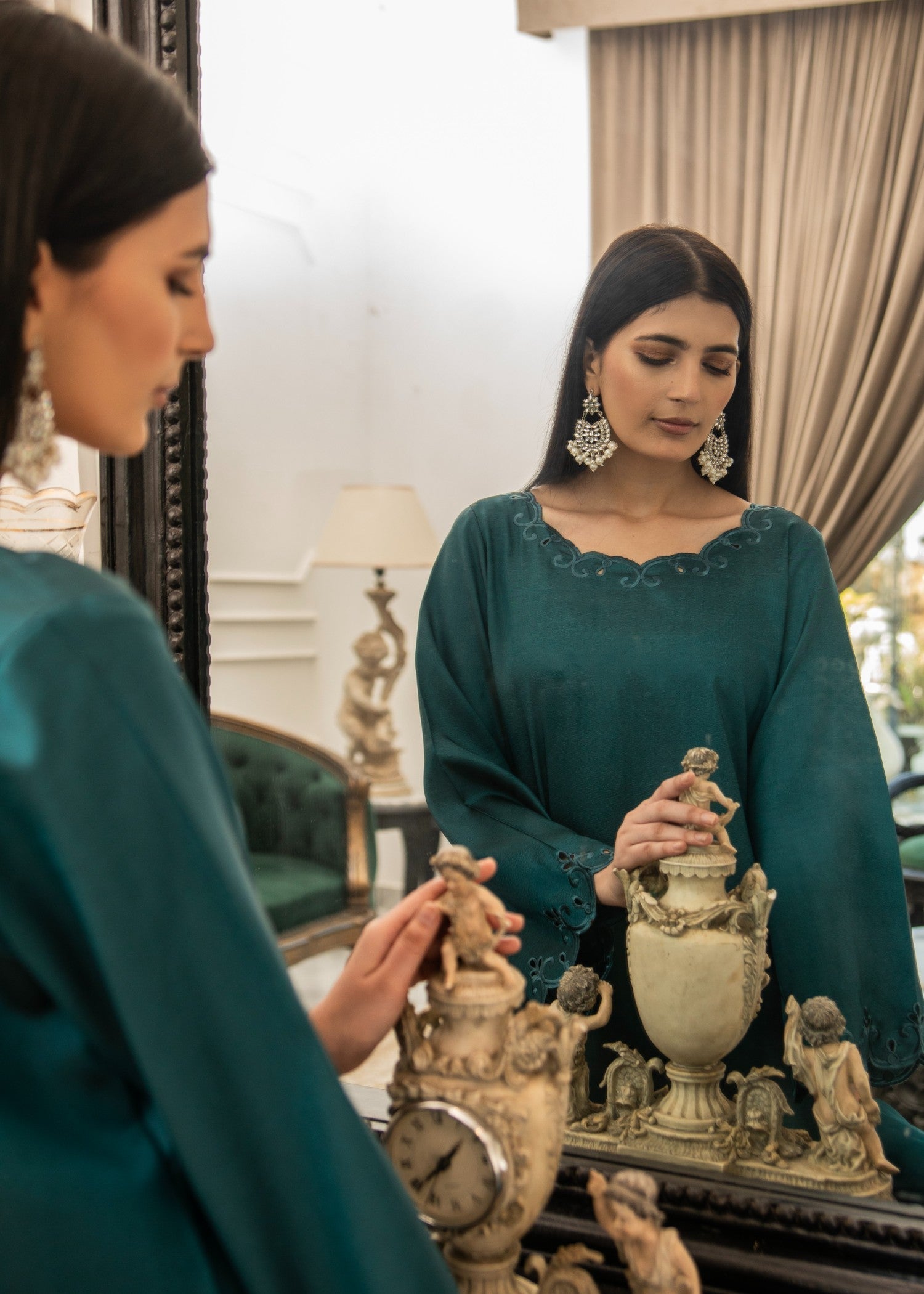 Naaz Couture Dark Sea Green Embroidered Raw Silk Suit Women 3pcs