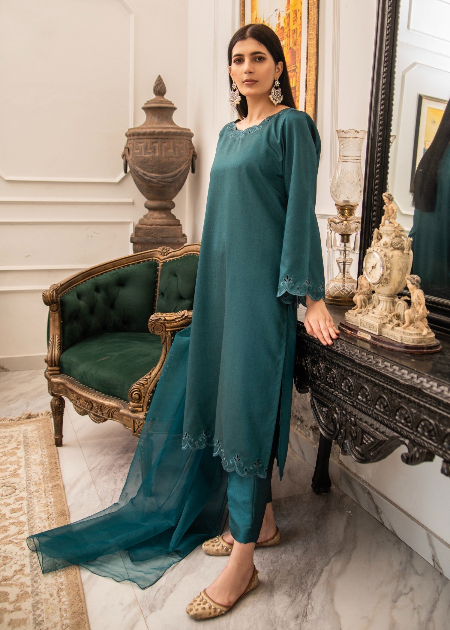 Naaz Couture Dark Teal Embroidered Raw Silk Suit Women 3pcs
