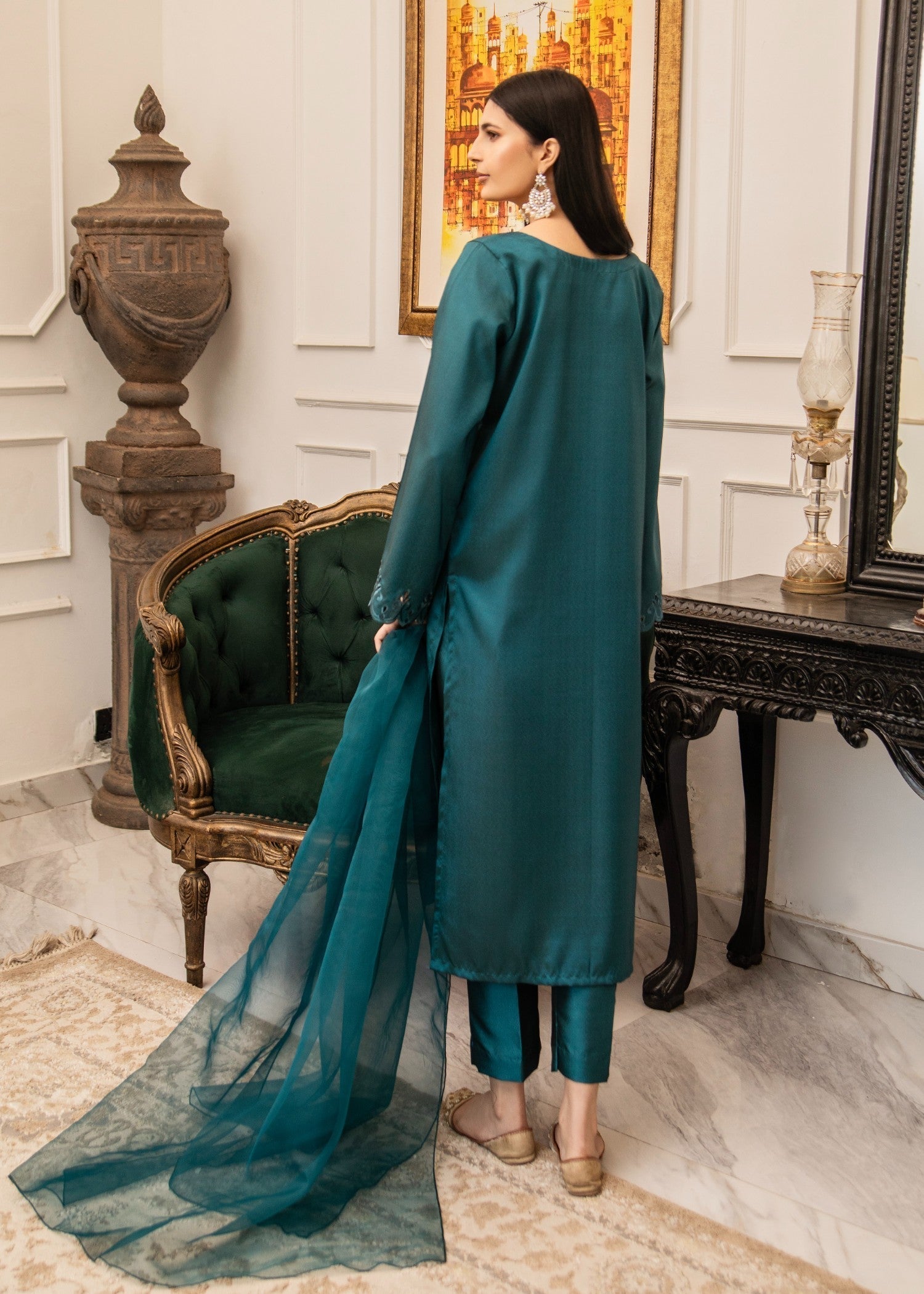 Naaz Couture Dark Sea Green Embroidered Raw Silk Suit Women 3pcs