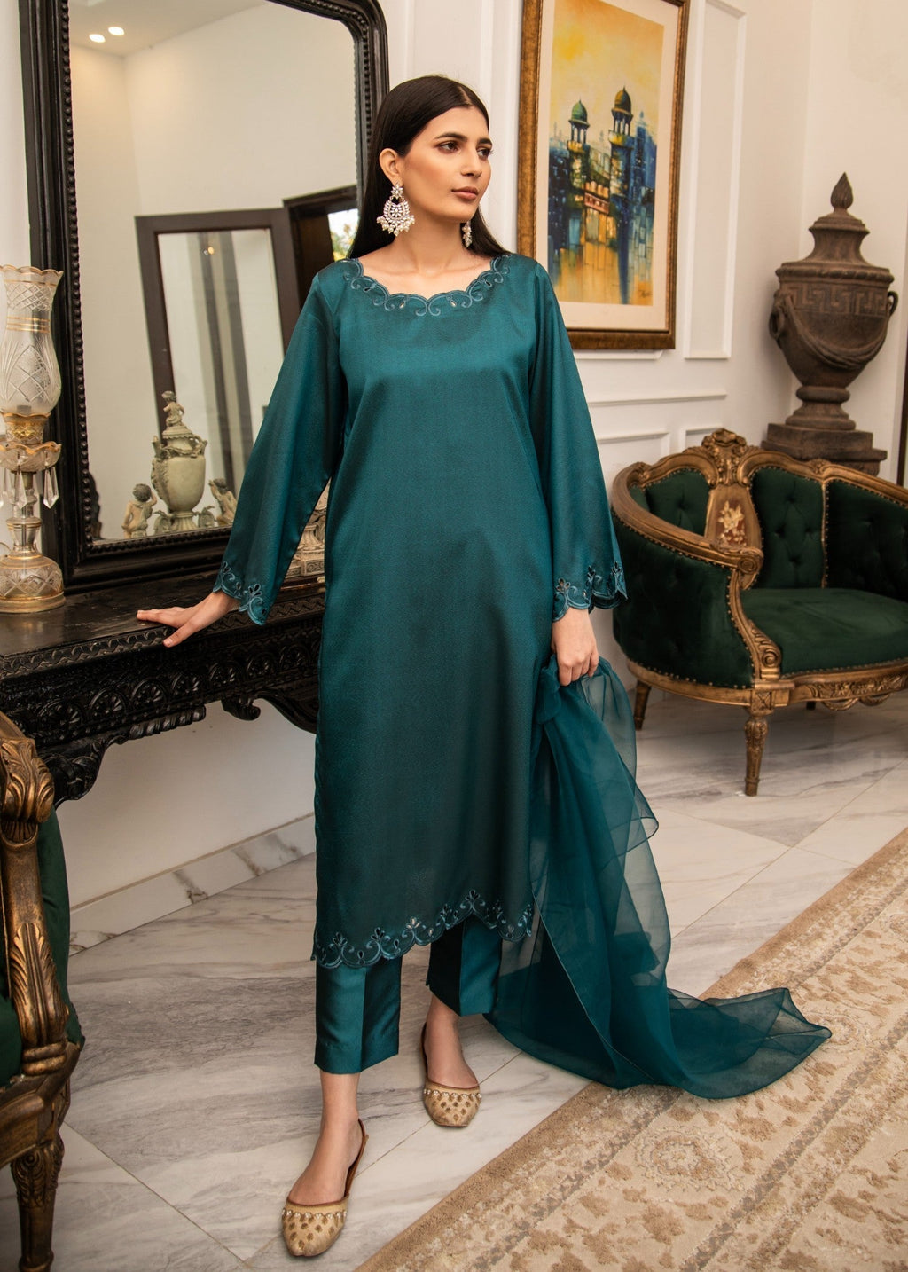 Naaz Couture Dark Sea Green Embroidered Raw Silk Suit Women 3pcs