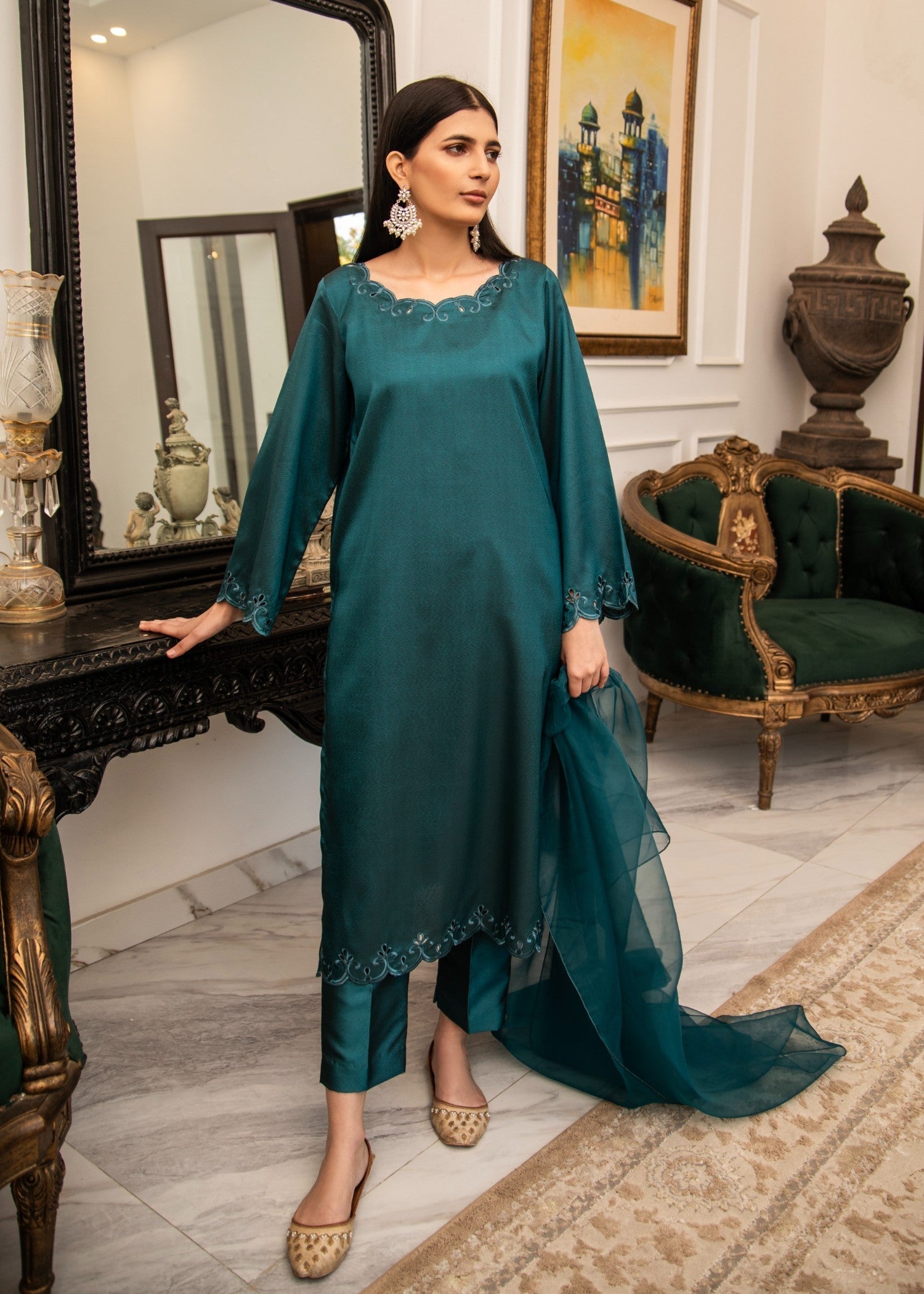 Naaz Couture Dark Teal Embroidered Raw Silk Suit Women 3pcs