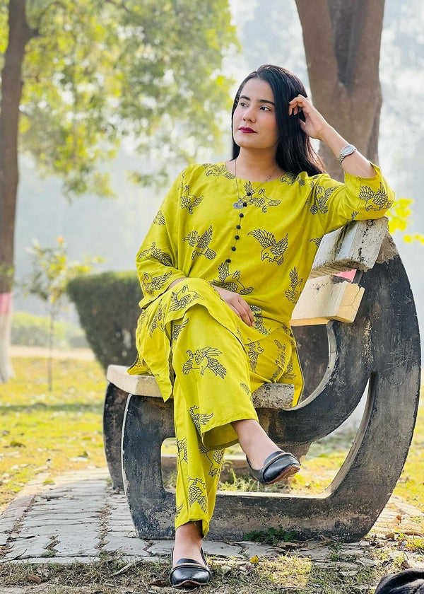 Gulposh Fluttering Sparrow (Stitched ) Apple Green Women 2pcs