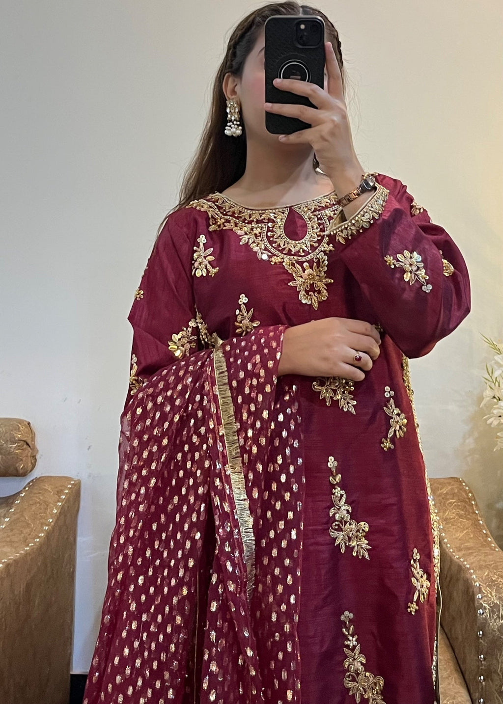 Suits By Sadia Raw silk shehnai mehroon Women 3pcs