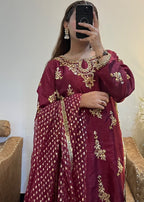 Suits By Sadia Raw silk shehnai mehroon Women 3pcs