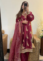 Suits By Sadia Raw silk shehnai mehroon Women 3pcs