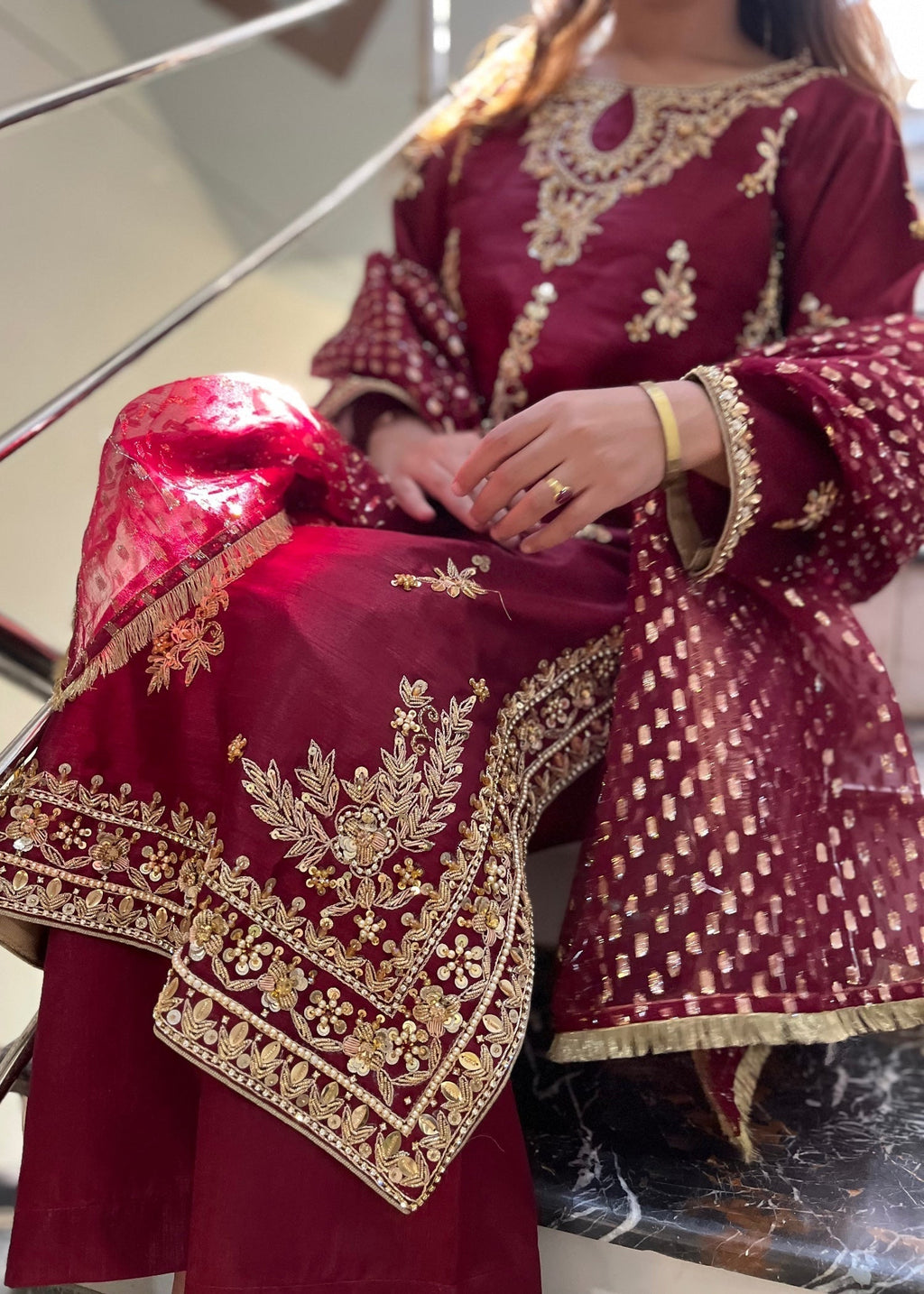 Suits By Sadia Raw silk shehnai mehroon Women 3pcs