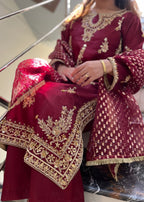 Suits By Sadia Raw silk shehnai mehroon Women 3pcs