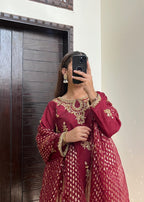Suits By Sadia Raw silk shehnai mehroon Women 3pcs