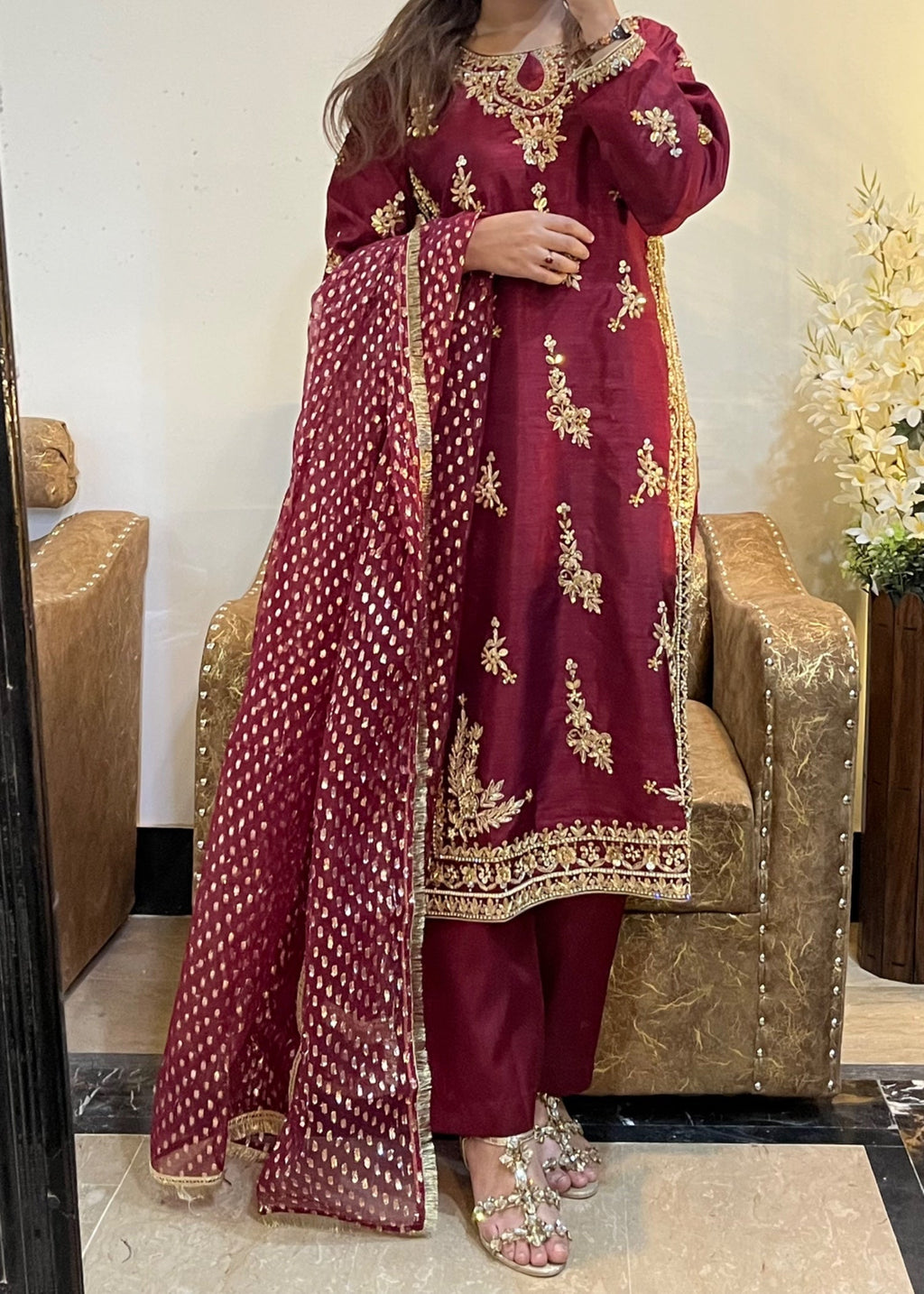 Suits By Sadia Raw silk shehnai mehroon Women 3pcs