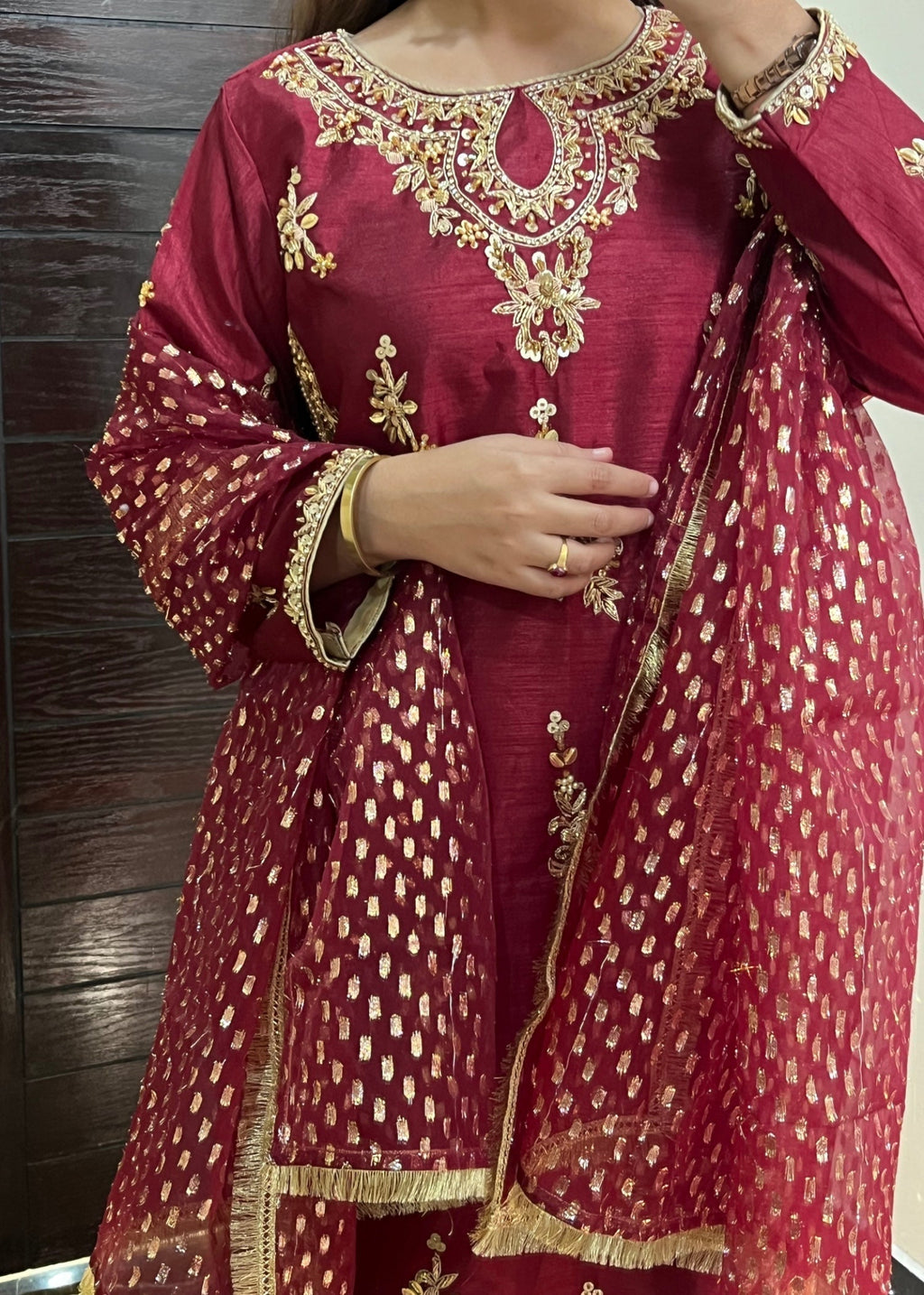 Suits By Sadia Raw silk shehnai mehroon Women 3pcs