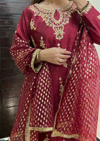 Suits By Sadia Raw silk shehnai mehroon Women 3pcs