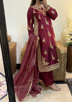 Suits By Sadia Raw silk shehnai mehroon Women 3pcs