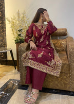 Suits By Sadia Raw silk shehnai mehroon Women 3pcs