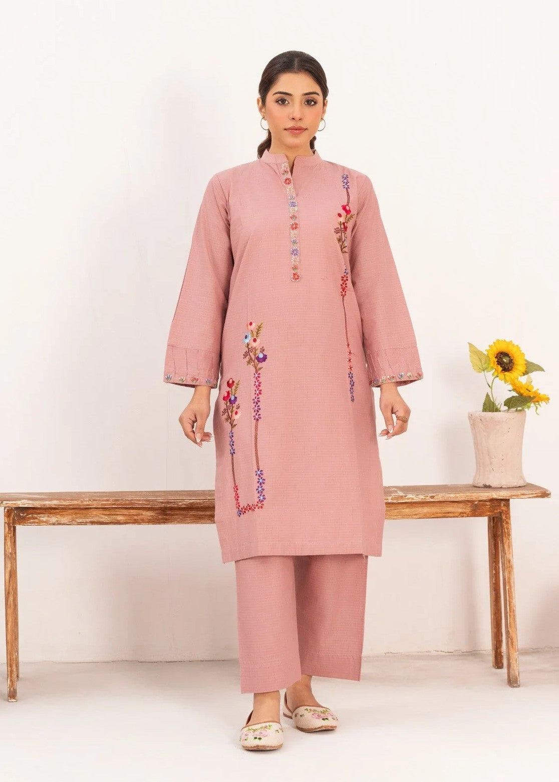 Dada Potta Stitched Cambric Cotton Pink Women 2pcs