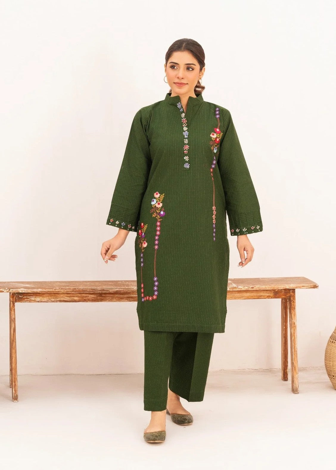 Dada Potta Embroidered Stitched Cambric Cotton Dark Green Women 2pcs