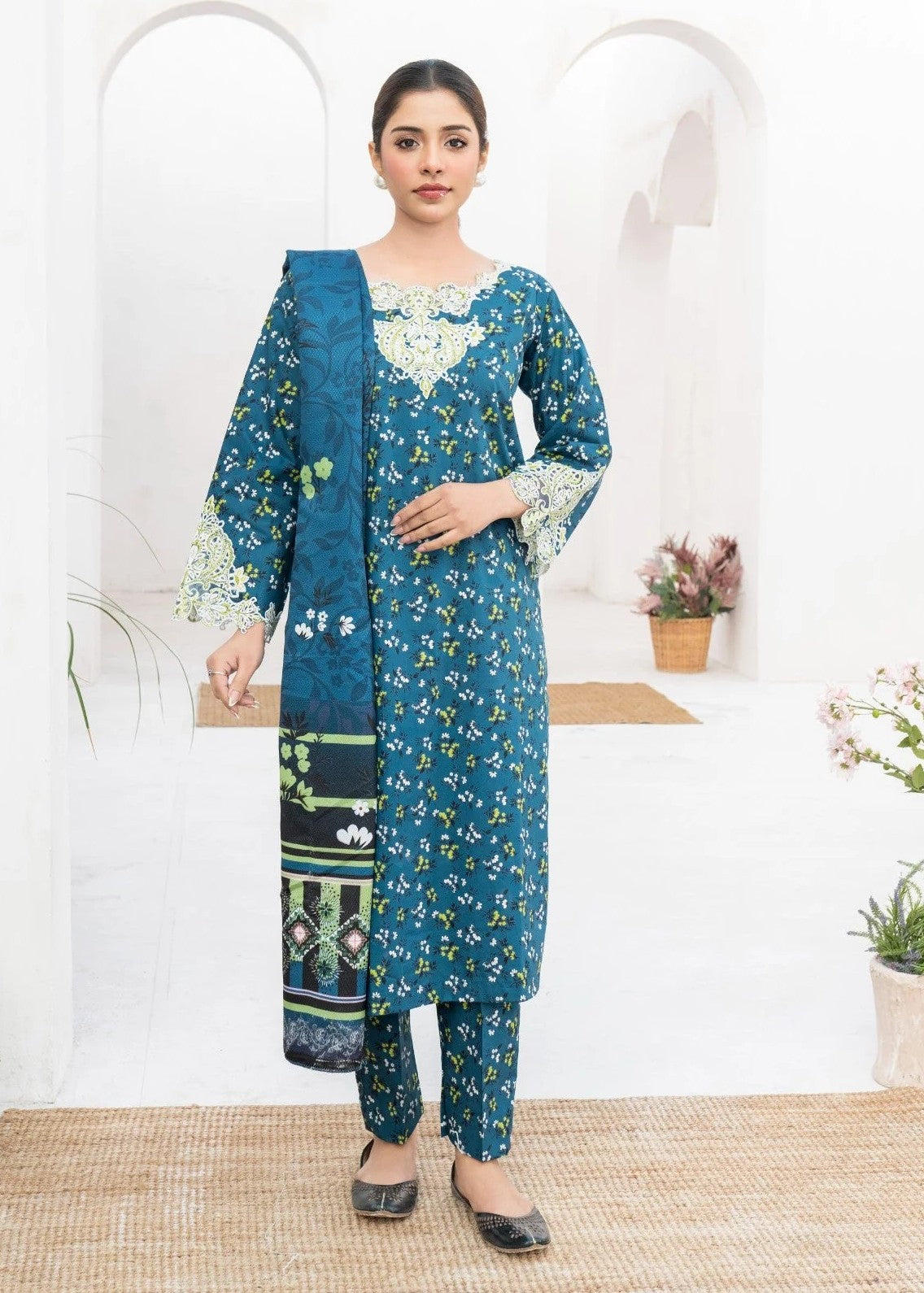 Dada Potta Stitched Teal Cambric Cotton Women 3pcs
