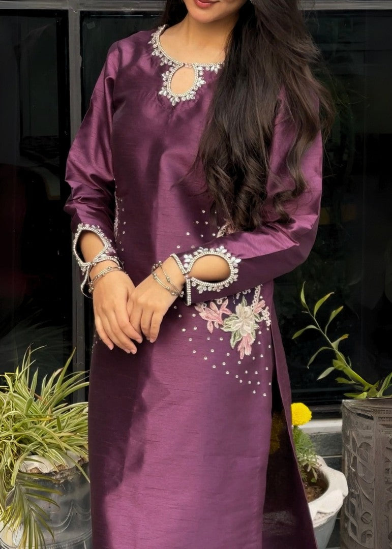 Haya'S Creation Crystal worked Dark Purple Raw Silk Dress Women 2pcs