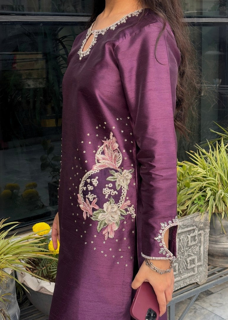 Haya'S Creation Crystal worked Dark Purple Raw Silk Dress Women 2pcs