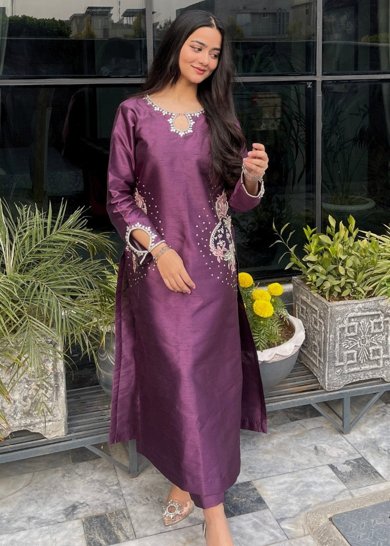 Haya'S Creation Crystal worked Dark Purple Raw Silk Dress Women 2pcs