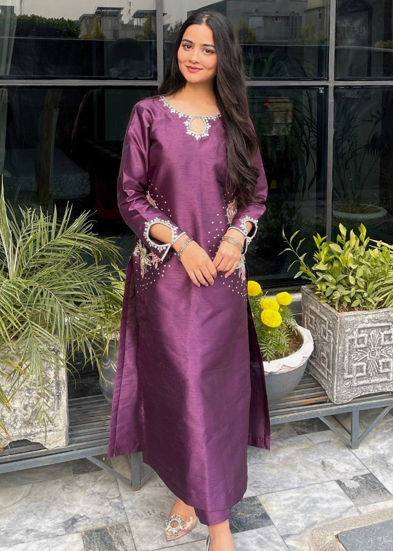 Haya'S Creation Crystal worked Dark Purple Raw Silk Dress Women 2pcs