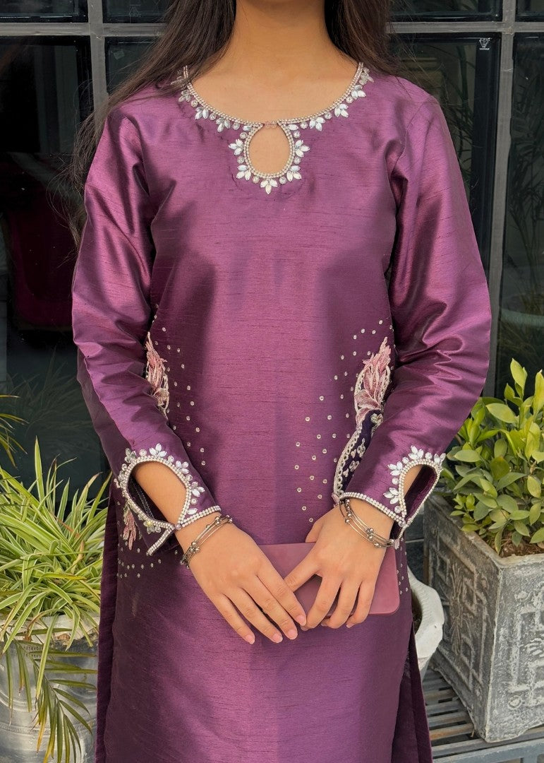Haya'S Creation Crystal worked Dark Purple Raw Silk Dress Women 2pcs