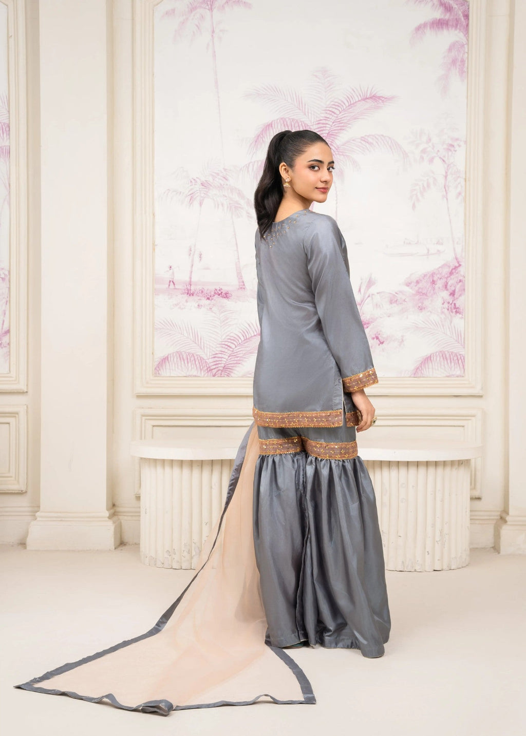 Pretbee Grey Silk Gharara Set with Golden Embroidery Women 3pcs