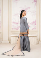 Pretbee Grey Silk Gharara Set with Golden Embroidery Women 3pcs