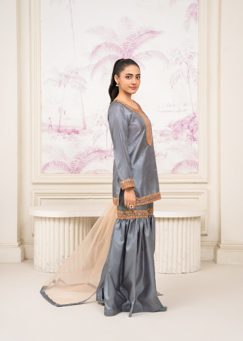 Pretbee Grey Silk Gharara Set with Golden Embroidery Women 3pcs