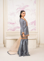Pretbee Grey Silk Gharara Set with Golden Embroidery Women 3pcs