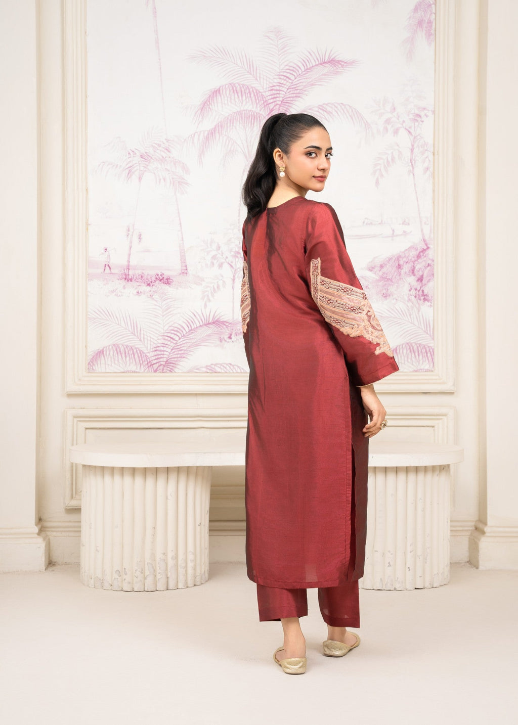 Pretbee Festive Embroidered Maroon Silk Suit Women 2pcs