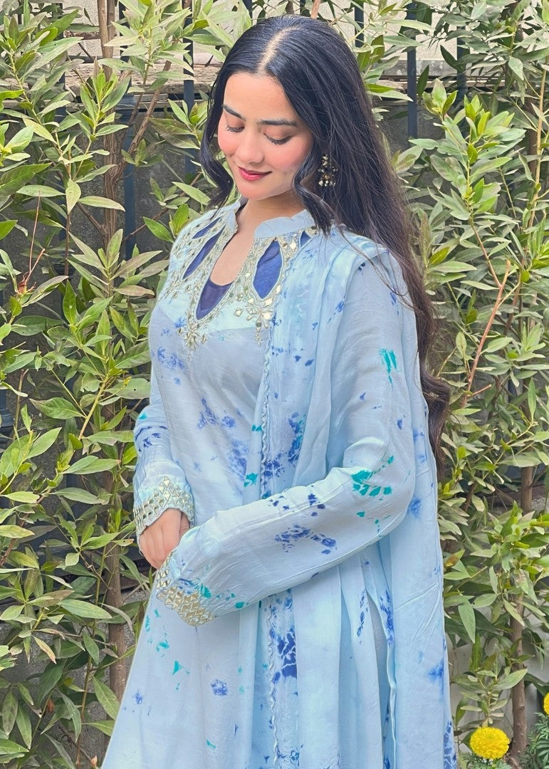 Haya'S Creation Mirror worked Light Blue Soft Raw Silk Dress Women 3pcs
