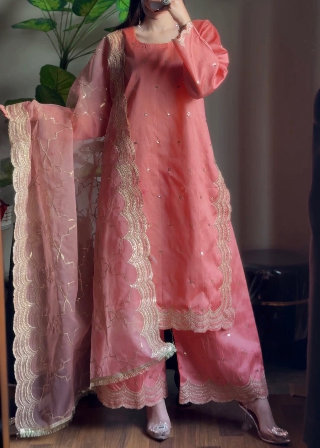 Suits By Sadia Kattan silk peachy pink Women 3pcs