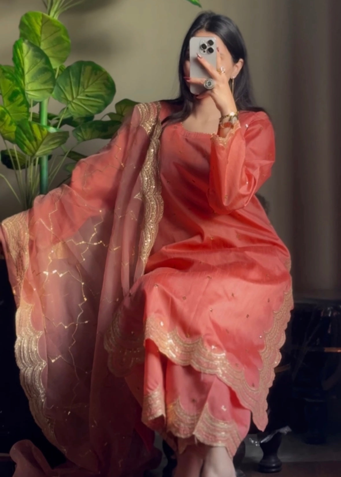 Suits By Sadia Kattan silk peachy pink Women 3pcs