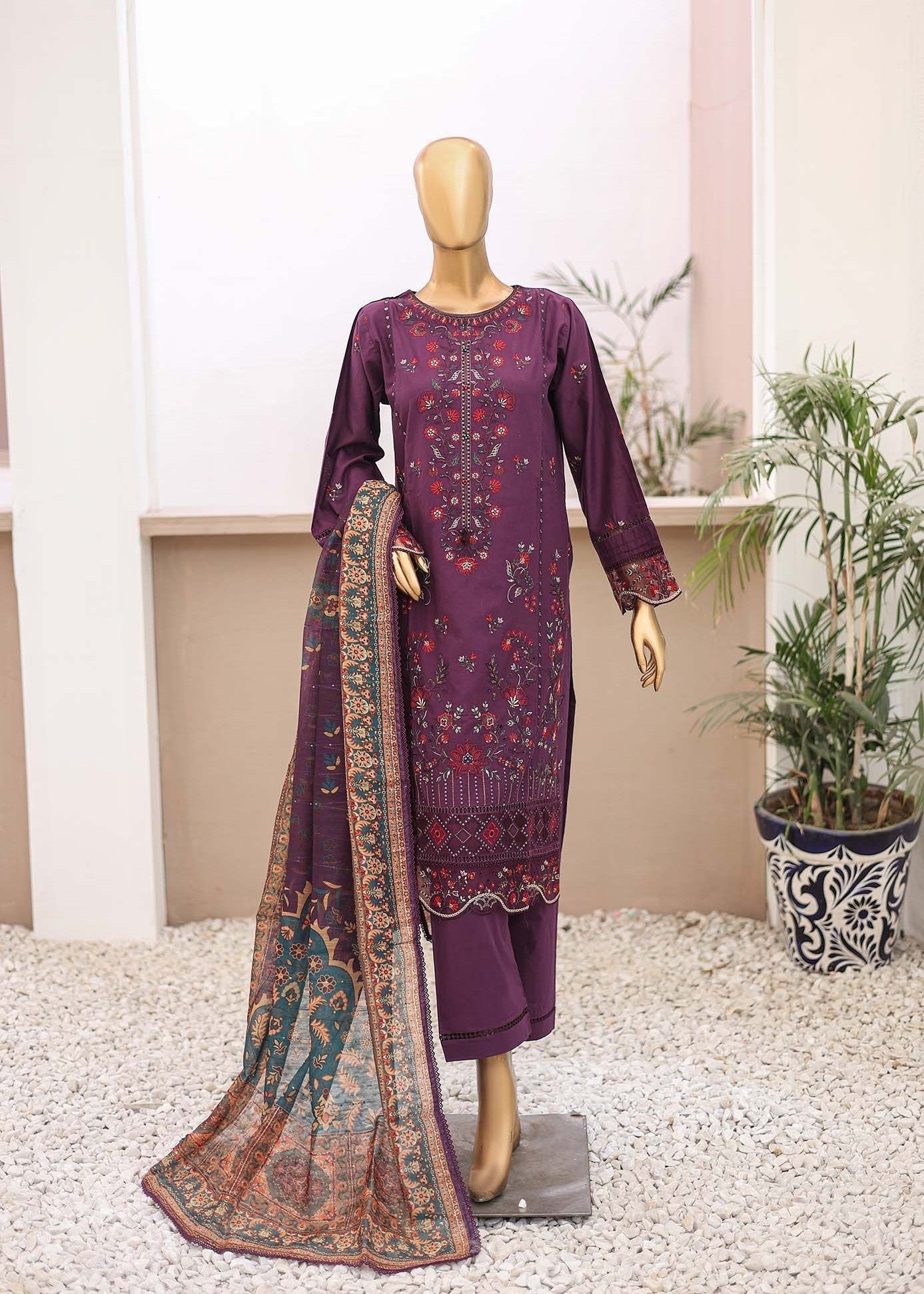 Suntex Fabrics – Plum Festive Embroidered Women 3pcs