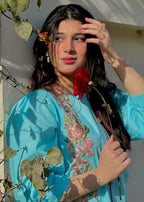 Haya'S Creation Embroidered Sky Blue Lawn Short Dress Women 2pcs