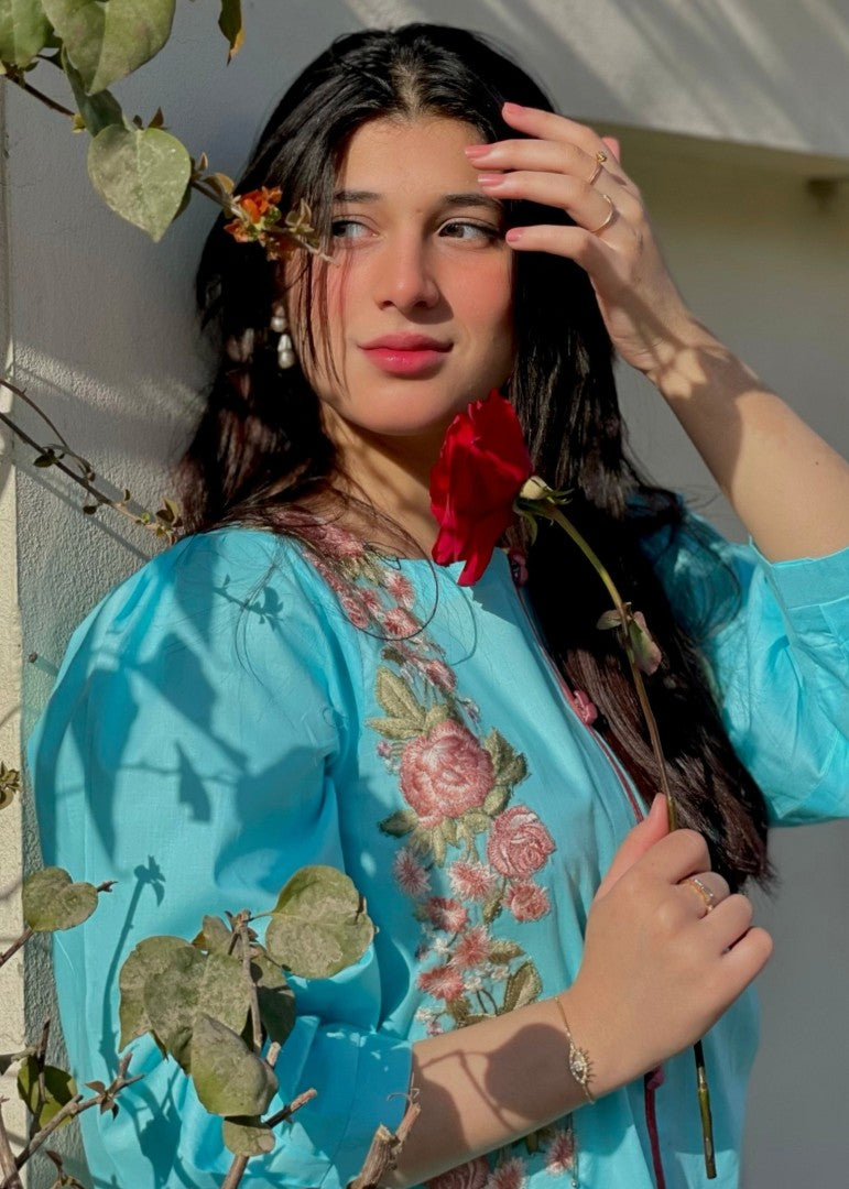 Haya'S Creation Embroidered Sky Blue Lawn Short Dress Women 2pcs