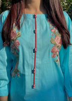 Haya'S Creation Embroidered Sky Blue Lawn Short Dress Women 2pcs