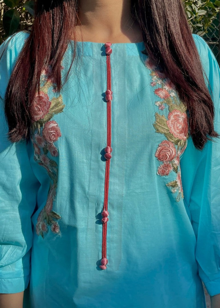 Haya'S Creation Embroidered Sky Blue Lawn Short Dress Women 2pcs