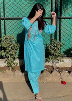 Haya'S Creation Embroidered Sky Blue Lawn Short Dress Women 2pcs